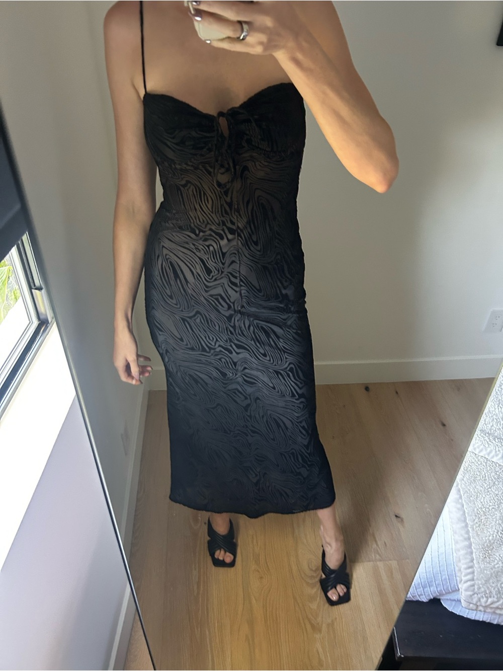 Rare London Sleek Black Slip Midi Dress with Subtle Texture